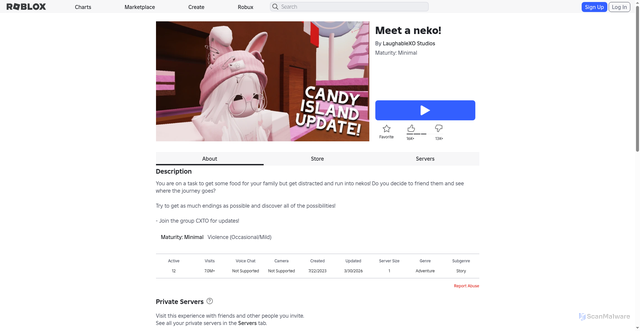 Security scan screenshot of https://www.roblox.com.bn/games/14153443454/Meet-a-neko?privateServerLinkCode=41544191580628954893117377136540