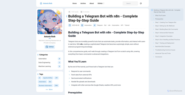Security scan screenshot of https://web-antonio-roth.pages.dev/posts/telegram-bot-n8n-tutorial/