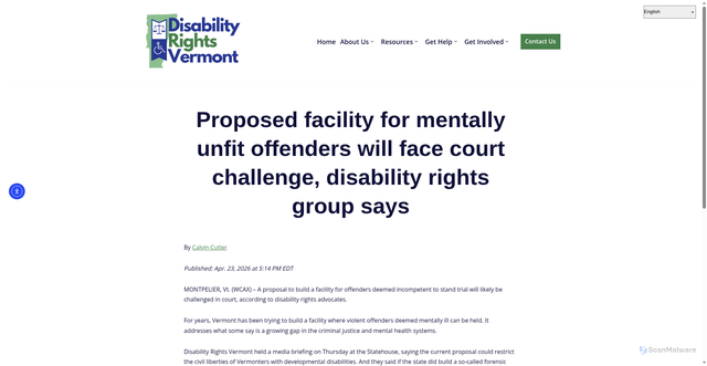 Security scan screenshot of https://disabilityrightsvt.org/in-the-news/proposed-facility-for-mentally-unfit-offenders-will-face-court-challenge-disability-rights-group-says/