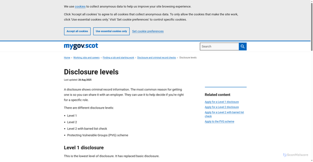 Security scan screenshot of https://www.mygov.scot/disclosure-levels