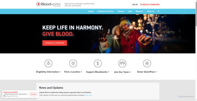 Security scan screenshot of https://bloodworksnw.org/