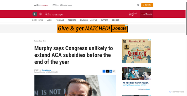 Security scan screenshot of https://www.wshu.org/connecticut-news/2025-12-04/aca-healthcare-subsidies-chris-murphy