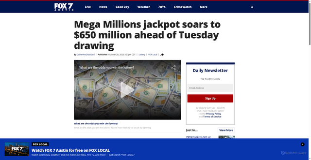 Security scan screenshot of https://www.fox7austin.com/news/mega-millions-jackpot-soars-650-million-ahead-tuesday-drawing