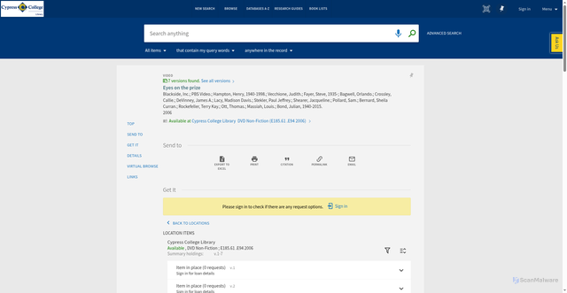 Security scan screenshot of https://caccl-cc.primo.exlibrisgroup.com/permalink/01CACCL_CYPRC/1an7o8h/alma99769143605264