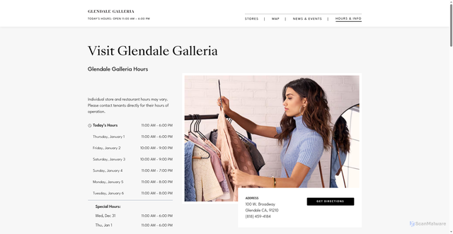 Security scan screenshot of https://www.glendalegalleria.com/en/visit/