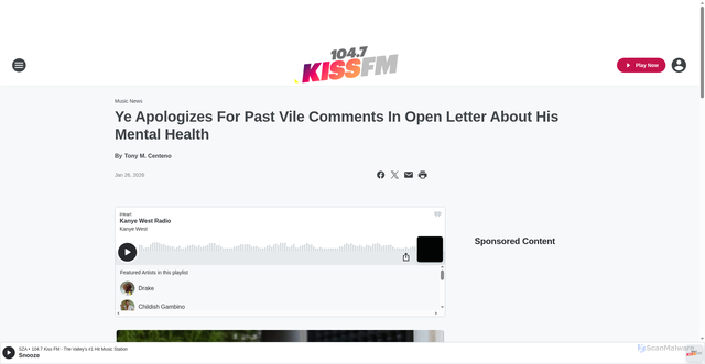 Security scan screenshot of https://1047kissfm.iheart.com/content/2026-01-26-ye-apologizes-for-past-vile-comments-in-open-letter-about-his-mental-health/