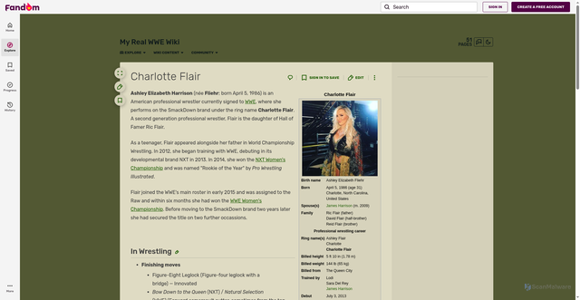 Security scan screenshot of https://my-real-wwe.fandom.com/wiki/Charlotte_Flair