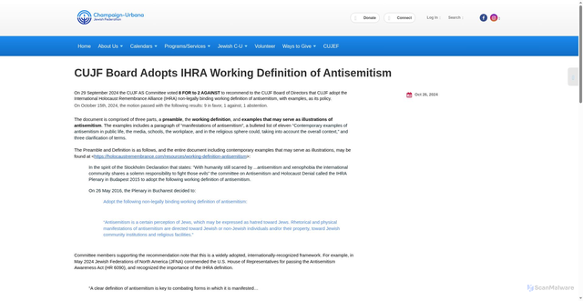 Security scan screenshot of https://www.cujf.org/from-the-directors-desk/cujf-board-adopts-ihra-working-definition