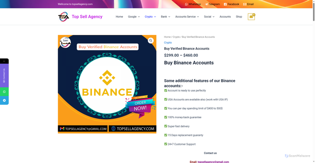 Security scan screenshot of https://topsellagency.com/product/buy-verified-binance-accounts/