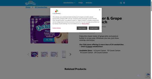 Security scan screenshot of https://www.smuckersuncrustables.com/sandwiches/peanut-butter-and-grape-jelly