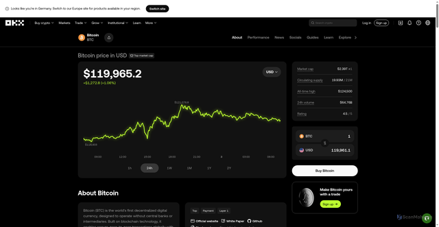 Security scan screenshot of https://www.okx.com/price/bitcoin-btc