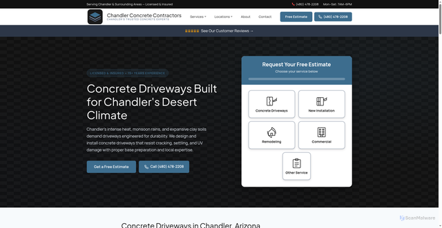 Security scan screenshot of https://concretecontractorschandler.com/concrete-driveways-chandler.html