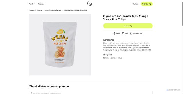 Security scan screenshot of https://foodisgood.com/product/trader-joes-mango-sticky-rice-crisps/