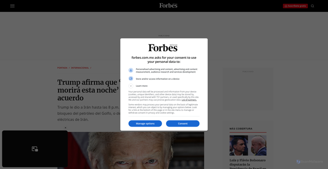 Security scan screenshot of https://forbes.com.mx/iran-desafia-el-inminente-plazo-impuesto-por-trump/