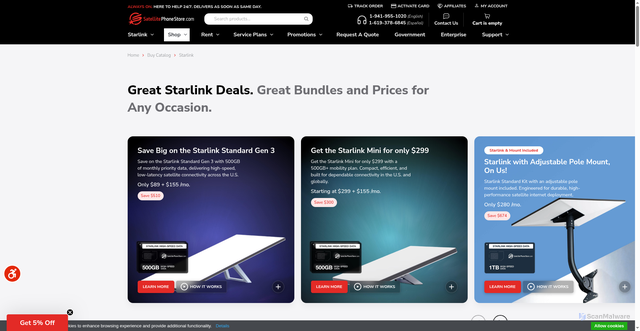 Security scan screenshot of https://satellitephonestore.com/catalog/sale/starlink?srsltid=AfmBOooLrzBnPCKIIKA2M0TgcaKE_pWsRYOkPBKyiedg6Ak8tNJktbU2