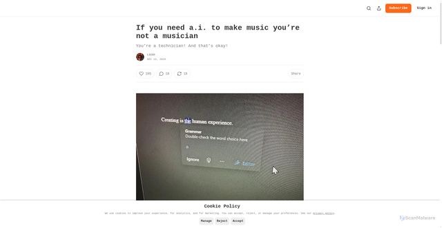 Security scan screenshot of https://lizzoirl.substack.com/p/if-you-need-ai-to-make-music-youre