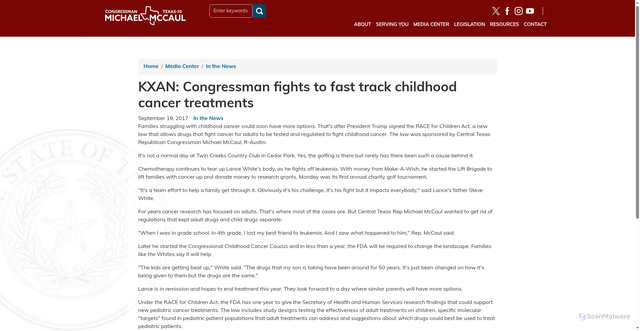 Security scan screenshot of https://mccaul.house.gov/media-center/news/kxan-congressman-fights-fast-track-childhood-cancer-treatments