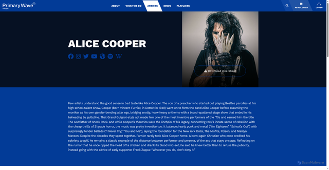 Security scan screenshot of https://primarywave.com/writer/alice-cooper/