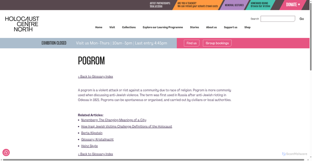 Security scan screenshot of https://holocaustcentrenorth.org.uk/glossary/pogrom/