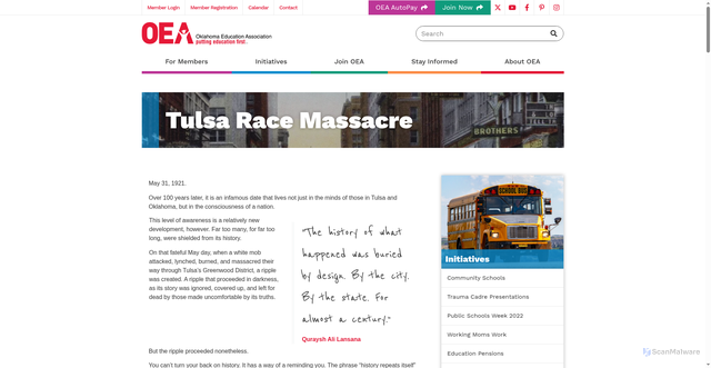 Security scan screenshot of https://okea.org/initiatives/justice/tulsa-race-massacre/