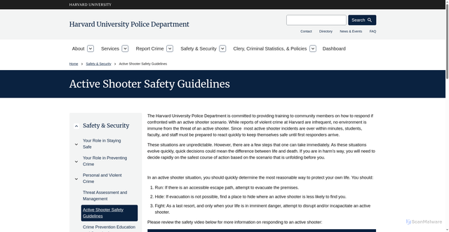Security scan screenshot of https://www.hupd.harvard.edu/active-shooter-safety-guidelines
