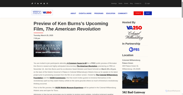 Security scan screenshot of https://va250.org/the-american-revolution-documentary/