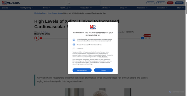 Security scan screenshot of https://www.medindia.net/news/high-levels-of-xylitol-linked-to-increased-cardiovascular-risk-215962-1.htm