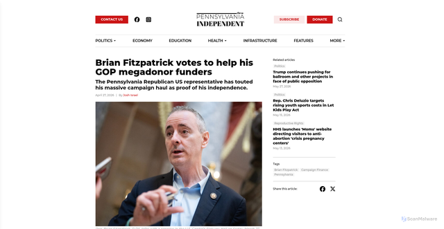 Security scan screenshot of https://pennsylvaniaindependent.com/politics/brian-fitzpatrick-votes-to-help-his-gop-megadonor-funders/