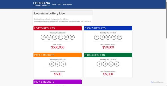Security scan screenshot of https://louisianalotterylive.com/