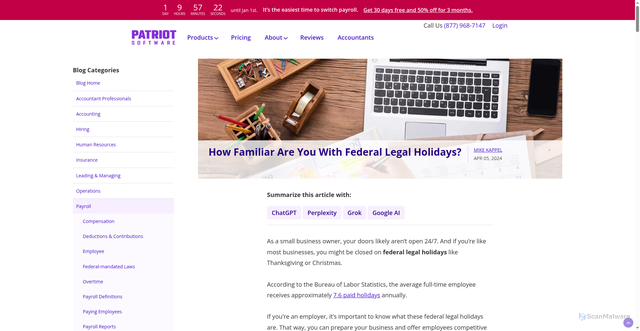 Security scan screenshot of https://www.patriotsoftware.com/blog/payroll/what-is-a-federal-legal-holiday/