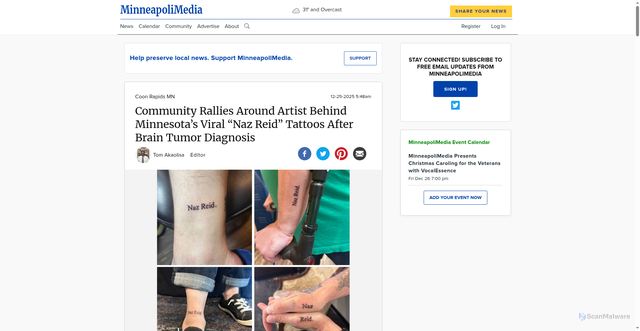 Security scan screenshot of https://minneapolimedia.town.news/g/coon-rapids-mn/n/353603/community-rallies-around-artist-behind-minnesotas-viral-naz-reid-tattoos