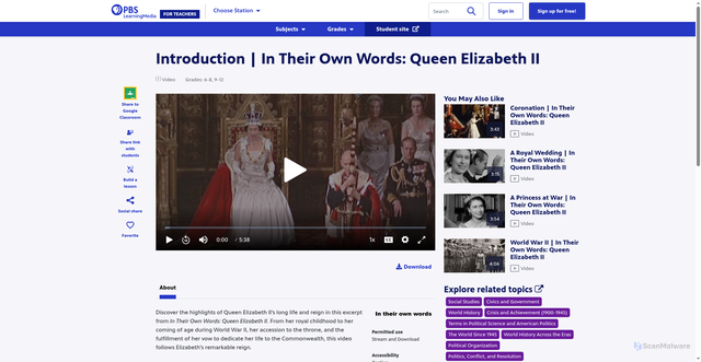 Security scan screenshot of https://ny.pbslearningmedia.org/resource/0246ff8c-62b0-4ebf-81c5-7a67caf514de/introduction-in-their-own-words-queen-elizabeth-ii/