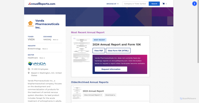Security scan screenshot of https://www.annualreports.com/Company/vanda-pharmaceuticals-inc