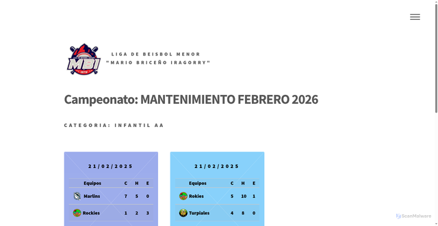Security scan screenshot of http://beisbolmenorenaragua.com/ligaMBI/infantil_AA/resultados.html