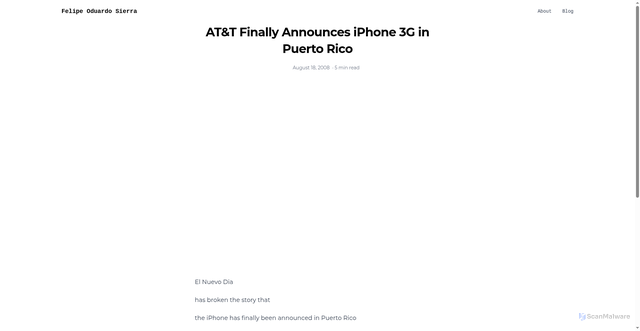 Security scan screenshot of https://feli-pe.pages.dev/blog/2008/08/atandt-finally-announces-iphone-3g-in-puerto-rico
