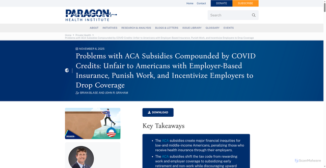 Security scan screenshot of https://paragoninstitute.org/private-health/problems-with-aca-subsidies-compounded-by-covid-credits-unfair-to-americans-with-employer-based-insurance-punish-work-and-incentivize-employers-to-drop-coverage/