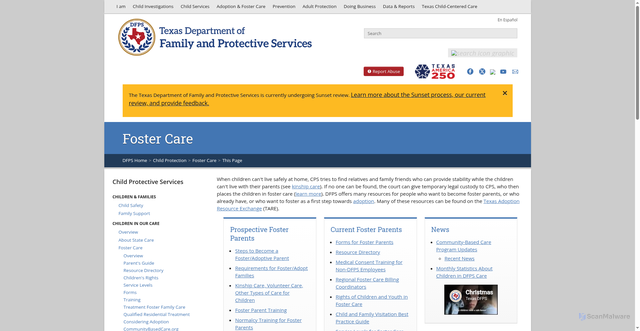 Security scan screenshot of https://www.dfps.texas.gov/Child_Protection/Foster_Care/default.asp