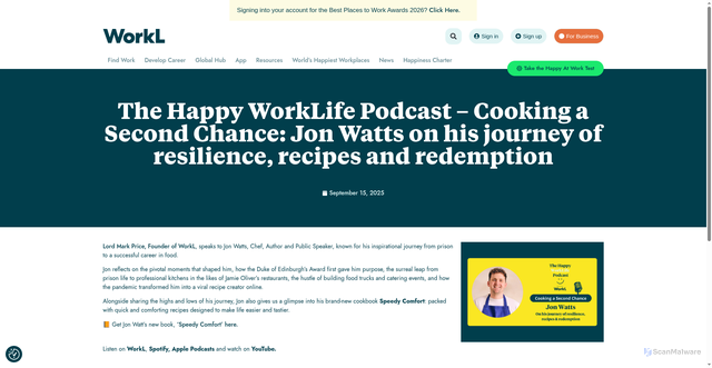 Security scan screenshot of https://workl.com/the-happy-worklife-podcast-cooking-a-second-chance-jon-watts-on-his-journey-of-resilience-recipes-and-redemption/
