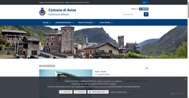 Security scan screenshot of https://www.comune.avise.ao.it/it-it/home