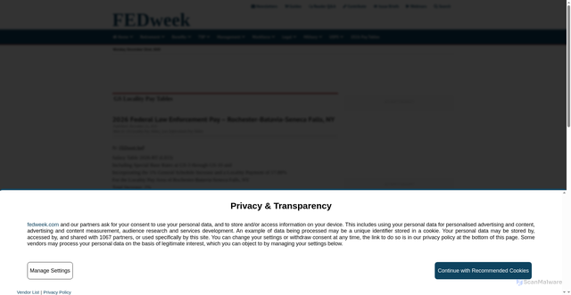 Security scan screenshot of https://www.fedweek.com/pay-tables/2026-federal-law-enforcement-pay-rochester-batavia-seneca-falls-ny/