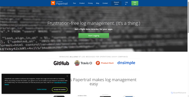 Security scan screenshot of https://papertrailapp.com/
