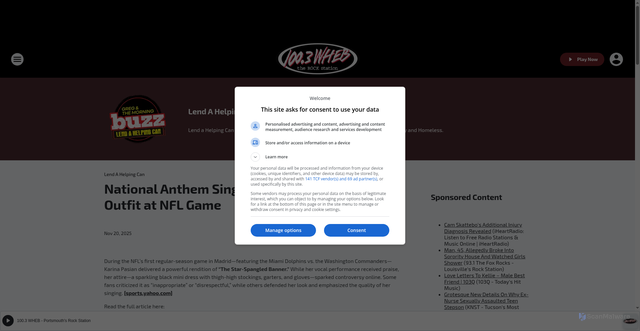 Security scan screenshot of https://wheb.iheart.com/featured/lend-a-helping-can/content/2025-11-19-national-anthem-singer-sparks-debate-over-outfit-at-nfl-game/