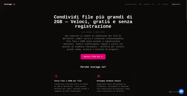 Security scan screenshot of https://storage.to/it/condividi-file-superiori-a-2gb-veloce-gratuito-e-senza-registrazione