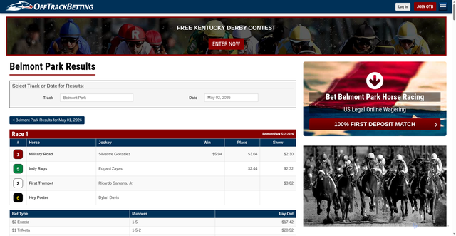 Security scan screenshot of https://www.offtrackbetting.com/results/10/belmont-park.html