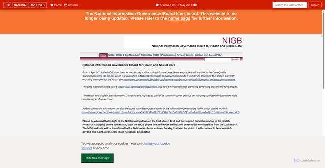 Security scan screenshot of https://webarchive.nationalarchives.gov.uk/ukgwa/20130513181011/http://www.nigb.nhs.uk/