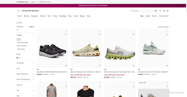 Security scan screenshot of https://shop.simon.com/collections/men?Brand=on