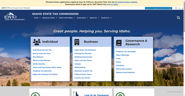 Security scan screenshot of https://tax.idaho.gov