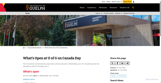 Security scan screenshot of https://news.uoguelph.ca/2026/06/whats-open-at-u-of-g-on-canada-day-2/