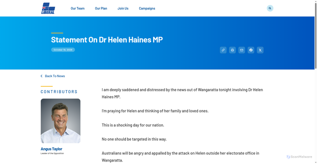 Security scan screenshot of https://www.liberal.org.au/2026/10/19/statement-on-dr-helen-haines-mp