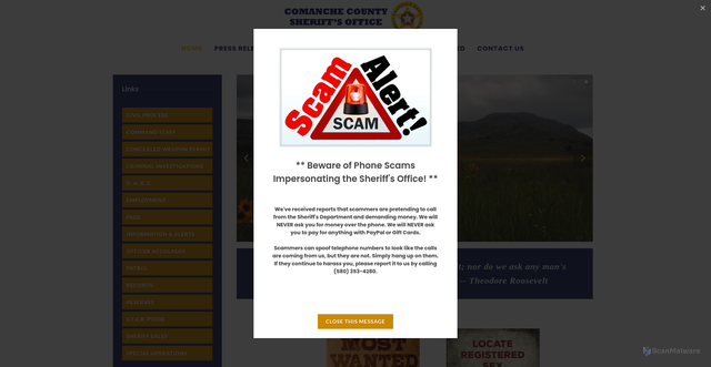 Security scan screenshot of http://sheriffcomanche.com/